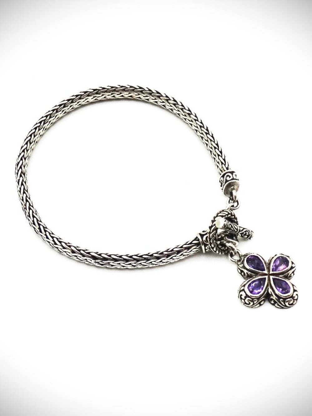 VINTAGE Sterling Silver & Purple Amethyst Charm Bracelet 7" Long